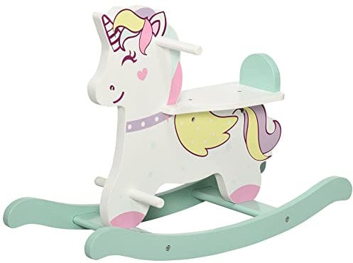 HOMCOM Cavallo a Dondolo per Bambini 1-3 Anni Cavalcabile, Cavalluccio a Dondolo con Maniglie, Schienale e Pedali in MDF, 68x27x47.5 cm, Blu Rosa Bianco