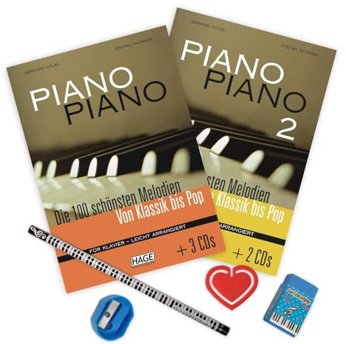 Piano Piano. 1 und 2 - Leicht arrangiert - mit Die 100 schönsten Melodien von Klassik bis Pop - Band 1 u. Band 2 - ISBN 9783930159383, 9783866260535 + Piano-Bleistift u. Notenklammer