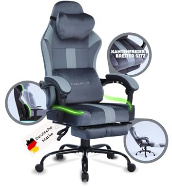 PixelPilot®Ergonomischer Gaming Stuhl [Atmungsaktiver Stoff] Chair mit Fußstütze, Kopf- und Lendenwirbelstütze, Gamer PC Stuhl [breite Sitzfläche] Bürostuhl 150 kg Belastbarkeit(Nebula, Original Gray)