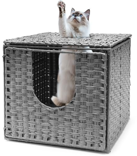 Fernlandia Katzenschrank, Katzentoilette, Handgewebte Versteckte Katzentoilettenmöbel, Katzenhaus mit Tür und separater Trennwand, Katzenhöhle 50 x 52 x 45 cm,Grau