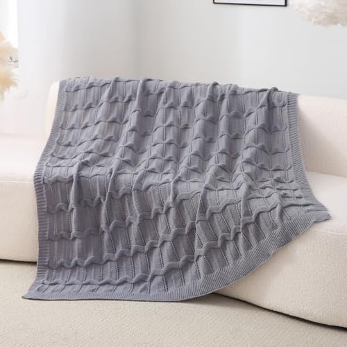 Wajade Knit Throw Lightweight Knitted Blanket for Sofa & Bed Breathable Non-Fluffy Knit Design with Ripple Texture All Seasons Home Decor(Light Grey 130 * 170)