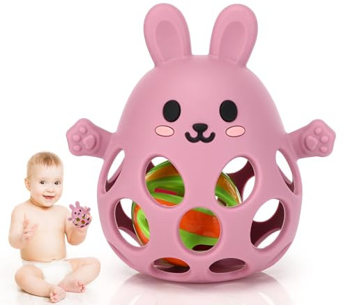 Giochi Neonato 0-3 Mesi,Giochi Dentizione Neonato,Sonaglio Silicone Neonato,giocattolo da masticare per bambini,Sonaglio di Palla a Presa Senza BPA (Rosa chiaro, Coniglio)