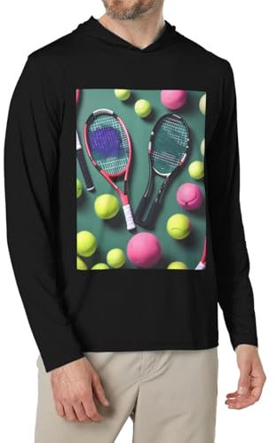 VPPUR Divertente racchette da tennis e palline da tennis stile stampa comfort uomo con cappuccio manica lunga t-shirt per attività quotidiane, nero, S
