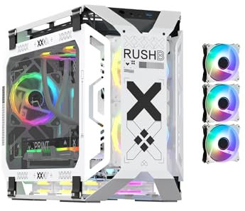 MegaPC X-Era Open-Frame Mid-Tower Micro-ATX/Mini-ITX Gaming Case – Tempered Glass Panels, High Airflow, ARGB Lighting, USB-C Port (Black/White/Print Stream, with Fans Only)