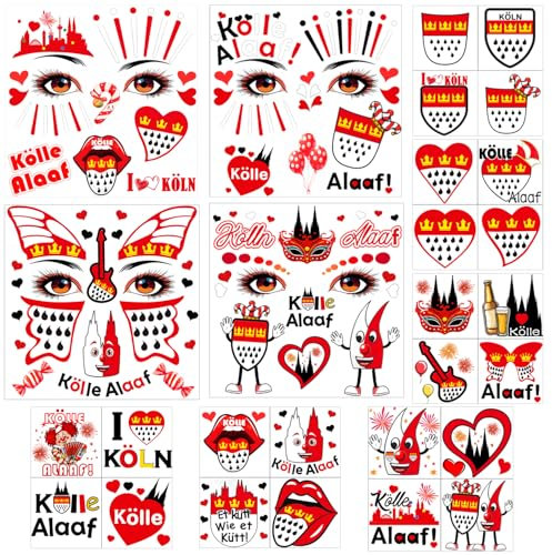 ENYACOS Köln Karneval Gesichtstattoos – 10 Bögen Temporäre Tattoos Aufkleber in Rot und Weiß für Karneval, Fasching & Kölle Alaaf Kostüme,face sticker karneval accessoires (A)
