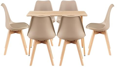 LafeuR Esszimmergruppe Esstisch mit 6 Stühlen Essgruppen, 110cm Rechteckig Küchentisch und 6er Set Esszimmerstühle Sitzgruppe für Wohnzimmer Küche Büro(Eiche Tisch+6 Helles Khaki Stühle)