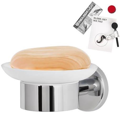 bremermann Bad-Serie Lucente - Seifenschale inkl. Klebeset, ideal für Bad und Dusche, Seifenhalter aus Glas und Edelstahl, verchromt