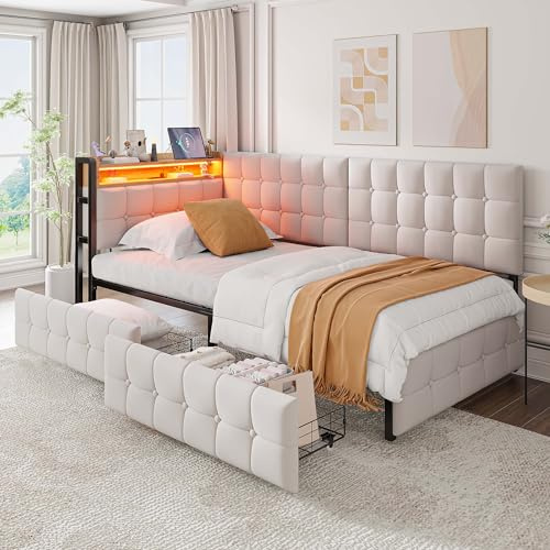 Kebnor 90 X 200 Gepolstertes Schlafsofa, Polsterbett mit 2 Schubladen und LED-Nachttischlampe,multifunktionales Kinder-Bootsbett, Schlafsofa Einzelbett (Beige)