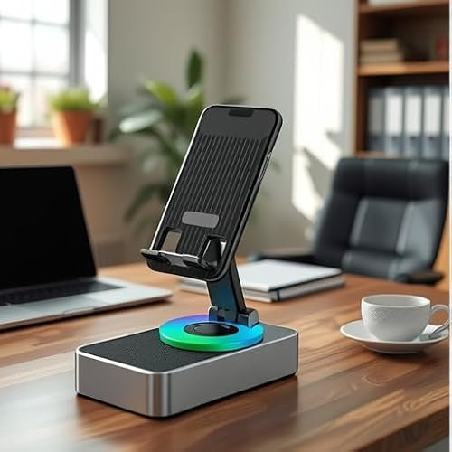 Bluetooth Speaker with Phone Stand, Phone Speaker Amplifier, Stereo Sound, RGB Ambient Light, 360° Adjustable Holder Compatible with iPhone/iPad/Android/Samsung Galaxy-Black