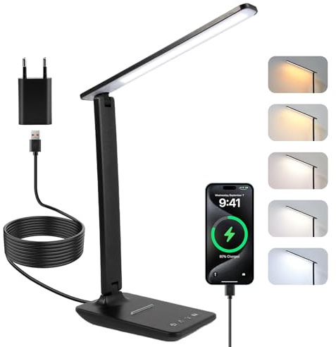 Lampada da scrivania a LED, dimmerabile, lampada da tavolo a LED con 5 colori e 5 livelli di luminosità, lampada da lettura con porta di ricarica USB, controllo touch per bambini, camera da letto