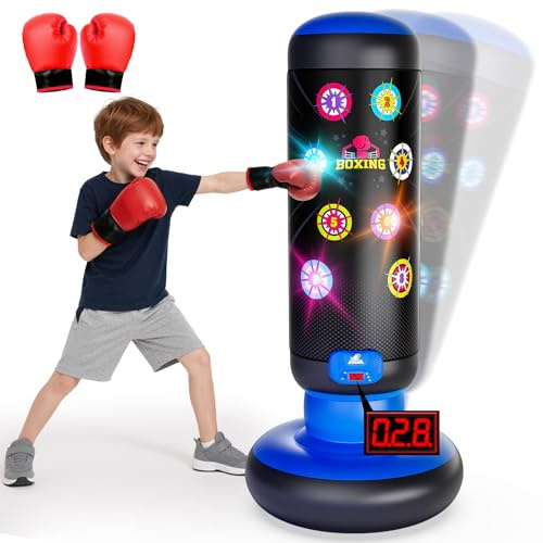 Interactive Punching Bag for Kids, Boxing Bag with Music & Light 4-Mode Game, Inflatable Punch Bag with Gloves, Kids Gym Equipment, Boxing Gifts Toys for 6 7 8 9 10 11 12 Year Old Boys