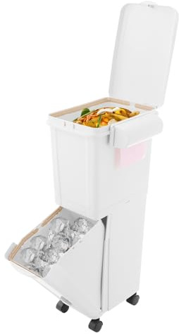 RUETERY Poubelle à 2 compartiments avec roues, grand volume de 32 l, système de tri sélectif, pour cuisine, bureau, hauteur : 78,5 cm, ergonomique, avec couvercle et boîte à sacs latérales, pour