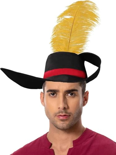 Taeyue Cappello adulto gatto stivali cosplay costume nero cappuccio rosso con piuma gialla per uomo donna