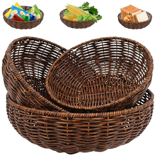 3Pcs Handwoven Bread Wicker Baskets,Stackable Round Versatile Food Serving Bowl Fruit Vegetable Storage Basket for Kitchen Counter Dining Table and Decor
