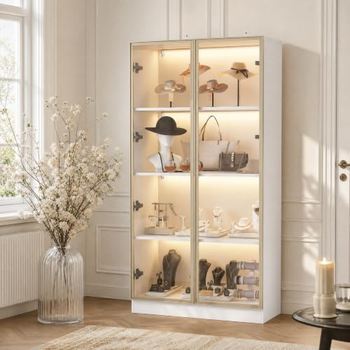 DAZAGCE 160cm White Display Cabinet with Glass Doors & 3-Colour LED Lights | Four tiers and an adjustable shelf organise collectables, while the 40 x 80 cm footprint fits bedrooms, lounges and offices.