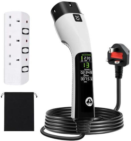 EV Charger Type 2 to 3 Pin Plug UK 3kW, Portable Electric Car Charger | Supports reverse charging & 13A UK Socket Strip, 6A-13A Adjustable LED Display, Lightweight Design for All EVs PHEVs (5M)