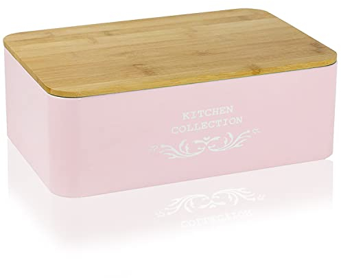DRULINE Brotkasten mit Bambusdeckel - Brotaufbewahrung - Brotbox mit Schneidebrett - Brotkasten Rosa - Metall Rosa/Bambusdeckel - B/H/T ca. 35 x 12,5 x 23 cm - Landhaus Stil