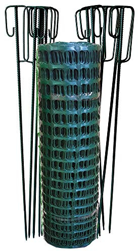 UvV Set 50m Fangzaun, Weidezaun + 10 Absperrleinenhalter grün, Absperrnetz Maschenzaun Bauzaun Rolle Kunststoff extrem Reissfest, 250gr (12,5 kg)
