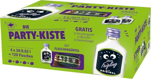 Kleiner Feigling Party-Kiste, Vodka Feige Likör, 120 x 0,02 L, 20% vol. | Inkl. 2 Flaschengürtel, 2 Blink-Pins, 2 Deckenhänger, Feinster Vodka mit Feigenaroma, Kult-Shot seit 1992
