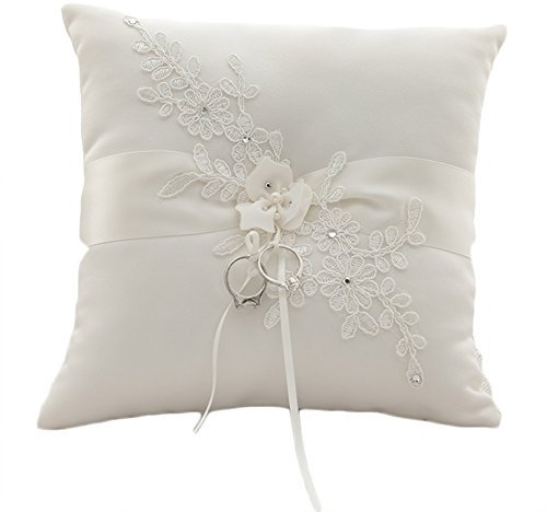 Ringkissen, Spitze, Perlen, bestickt, Satin, Blume, Hochzeit, Ringkissen, 19,8 x 19,8 cm elfenbeinfarbener Satin