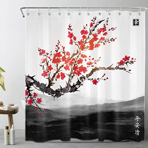 LB Cherry Blumen Duschvorhang Antischimmel 180x180cm Japanisch Rote Blumen und Berg Oriental Duschvorhang Wasserdicht Waschbar Polyester Stoff Duschvorhang Schwarz Weiss für Badewanne mit 12pcs Haken
