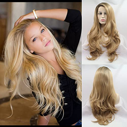 Drag Queen Langwellige Perücke, braune Wurzeln, Ombré-Mittelblond, natürliche Farbe, synthetische Lace-Front-Perücke für Damen, Alltag, Cosplay, Party, blonde Perücke, Seitenteil, 61 cm,