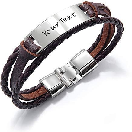 howson london Personalised Mens Bracelet Leather Engraved Bracelet Customised Name ID Identity Birthday Wedding Christmas Valentines Day for Boyfriend Father Best Man Husband (Brown with Silver Tag)
