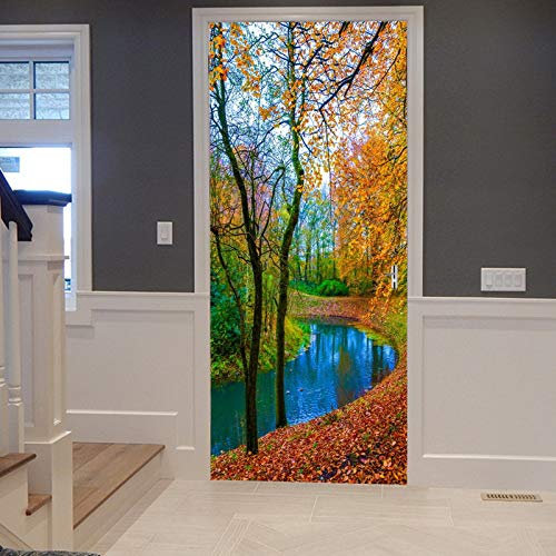 A.Monamour Türtapete Selbstklebend Türfolie Türposter 3D Gold Gefallen Blätter Wald Bäume Fluss Herbst Park Naturlandschaft Vinyl Folie Türdeko Tapete Wandbild Türaufkleber Türtattoo 90 x 200 cm