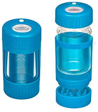 Tarro de almacenamiento con luz LED, hermético al aire, a prueba de olores, tarro con lupa de 8 veces, tarro luminoso con molinillo, recipiente para hierbas 110 ml (Azul, With Grinder)
