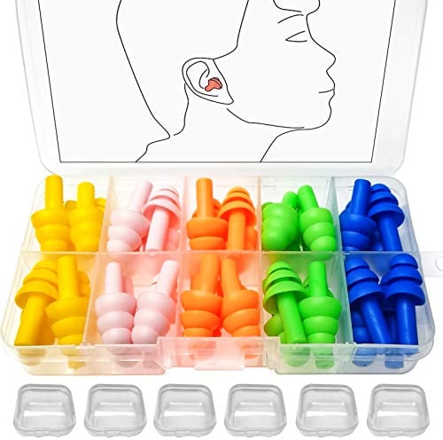 BITEFU 40pcs Silikon Ohrenstöpsel Wasserdichte Gehörschutzstöpsel für Schwimmer, Gehörschutz Ohrstöpsel für Flugzeuge Schlafen,mit Tragbar Box(5 Farben 20 Paare)
