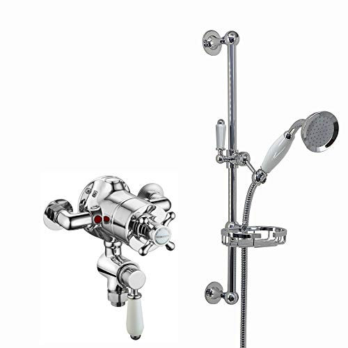 ENKI, Downton, SH0539, Exposed Traditional Thermostatic Shower Set Incl. Twin Shower Valve and Slider Rail Kit, Soap Basket, Chrome