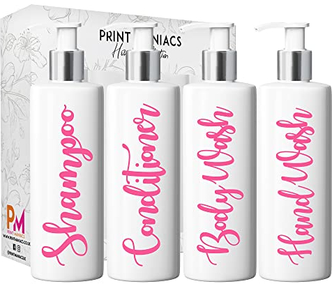 Print Maniacs White Mrs Hinch Inspired Personalised 500ml Pump Bottles Bathroom Lotion Kitchen Set Shampoo Conditioner ( Hand Wash Set ) (Baby Pink)