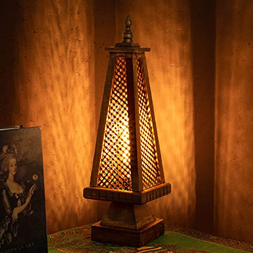 LANMOU Vintage Tischleuchte Mit Bambus Lampenschirm Laterne Rustikale Tischlampe Aus Holz, Südostasiatischer Stil, Kabel Mit Schalter, E27 Stehlampe Dekoration für Schlafzimmer, Wohnzimmer, Flur, 52CM