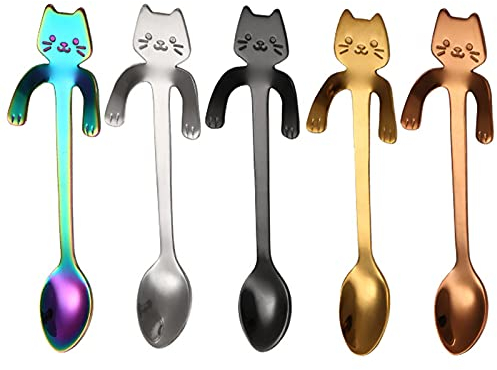 5 Piezas Cucharadita de Gato, Cuchara para Mezclar Mini Gato, Cuchara de Café de Gato de Acero Inoxidable 304, para Agua, Té, Leche, Café, Sopa, Azúcar, Postre (5 Colores)
