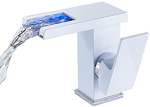 LED Wasserhahn Waschtischarmatur mit 3 Farbwechsel Beleuchtung Wasserfall Wasserhahn Spüle Wasserhahn für Bad (Weiß)