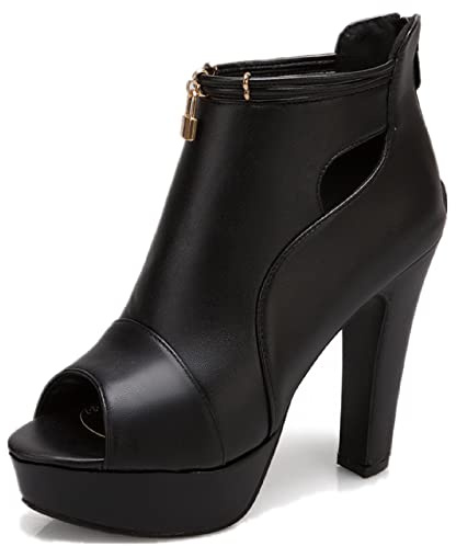 fereshte Women's Peep Toe Platform Ankle Boots, Block High Heel, Cutout Design with Gold Lock Zipper, 4.5 Inch Heel Sandals Black 39 - US 8