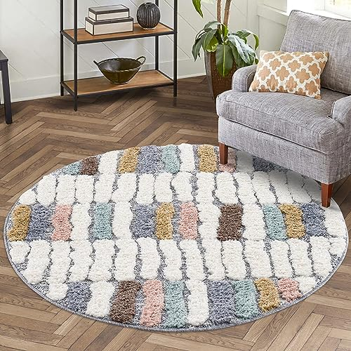 carpet city Teppich Hochflor Wohnzimmer - 200x200 cm Rund - Modern Geo-Muster Mehrfarbig - Cut-Loop, Hochtief, 3D-Effekt - Shaggy Teppiche Flauschig-Weich Schlafzimmer Langflor