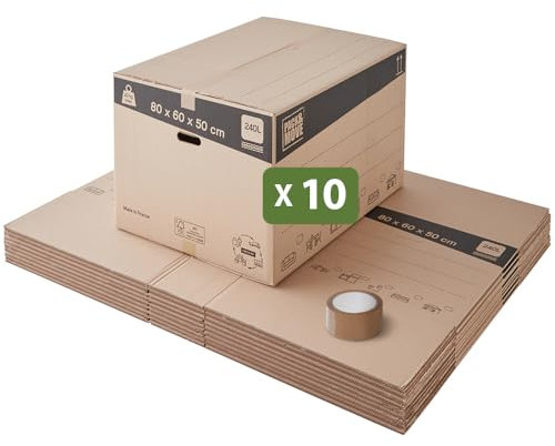 Pack and Move - Lot 10 cartons déménagement stockage XXL - 80 x 60 x 50 cm - Poignées renforcées - 1 adhésif offert