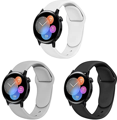 Silikon Armband kompatibel mit Huawei Watch GT3 42mm Sport Uhrenarmband 3 Stück Silikon Ersatzarmband für Huawei Watch GT3 42mm 20mm Ersatzband für Herren Damen (weiß grau schwarz,20mm)