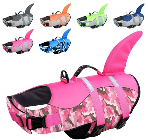 CITÉTOILE Salvagente per Cane, Giubbotto Salvagente per Cani, Ripstop Regolabile Squalo Giubbotto di salvataggio, Leggero e Sicuro per Gli Sport Acquatici, Rosa mimetico, XL