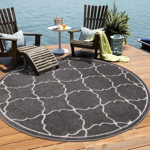 Muratap Outdoor Teppich Wetterfest - Berlin - Modern Teppich für Innen und Außen Garten Balkon Terrasse Küche Wohnzimmer Badezimmer - Große: 150 cm - Rund - Farbe: Grau