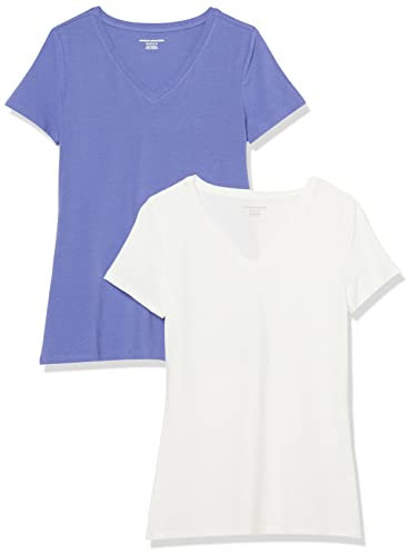 Amazon Essentials Camiseta de Manga Corta con Cuello en Pico y Corte Recto Mujer, Pack de 2, Azul Morado/Blanco, XL
