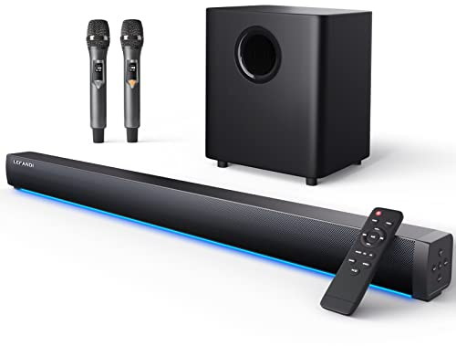 LEFANDI Barre de Son TV avec Caisson de Basses avec Microphone Sans Fil, Enceinte PC Son Surround 2.1 Canaux Bluetooth 5.0 avec Télécommande avec AUX, HDMI Arc, Optique, Coaxial, USB pour Appareils TV