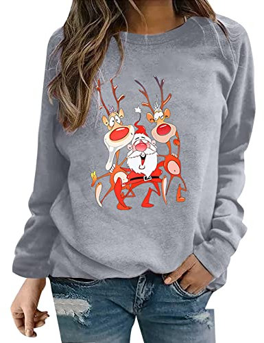 Karo Kauer Damen Damen-Rundhals-Langarm-Top mit Weihnachtsdruck, lässig, lockeres Sweatshirt Party Outfit Damen (Grey, XXL)