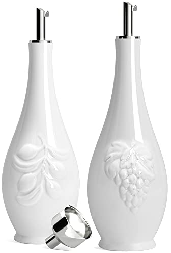 HOMBENE Porzellan-Öl- und Essigspender-Set, 473 ml, Olivenölspender-Flasche für Küche, Keramik-Speiseölbehälter, Öl-Menage mit Trichter, tropffreier Auslauf, 480 ml, 2 Stück
