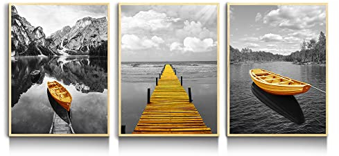 hyidecorart Marco de Madera Cuadros Decoracion Salon Modernos, 3 Piezas Nórdico Montañas Y Lago Panorama Gris Amarillo Barco Arte Impresión Decoración Dormitorios Comedor Oficina Pasillo Cocina Y Baño