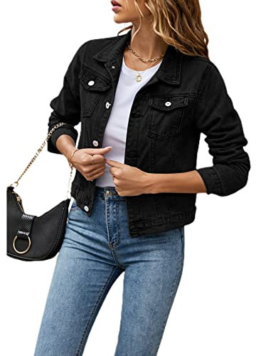 Geagodelia Giacca di Denim da Donna Casual Giacca Corta Jeans Elegante con Tasche Jacket Moda Cappotto per Primavera Autunno Regalo (Nero, M)