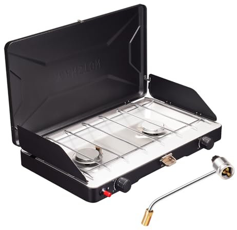 VANSTON Fornello da campeggio a propano a 2 fuochi, 20.000 BTU in totale, griglia da campeggio portatile a gas, piano cottura con bruciatori regolabili, paravento, chiusura resistente, maniglia di