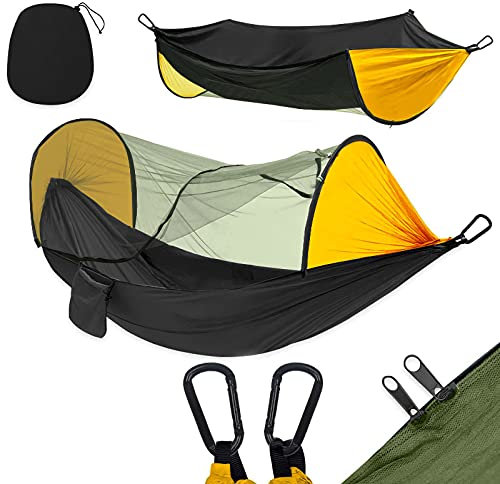 Hamaca para Acampar para 2 Personas, Tienda de Hamaca para sombrilla con Red para Insectos Hamaca Columpio de paracaídas de Nylon liviano portátil con Correa de árbol de 2M para Acampar al Aire l