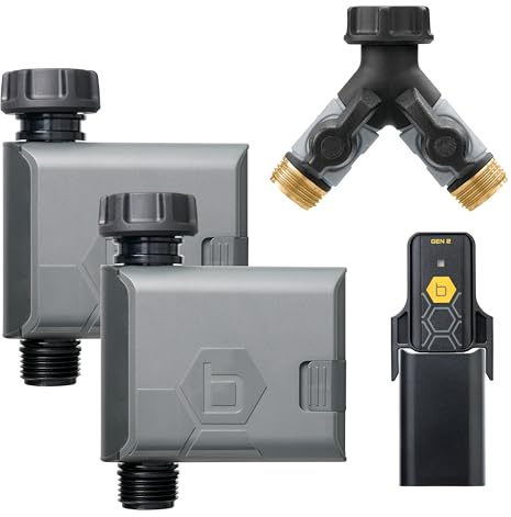 Orbit 21206 B-hyve - Temporizador Inteligente de riego de Manguera (Gen 2), Paquete de 2 con hub Wi-Fi y Divisor en Y de Manguera, Color Gris